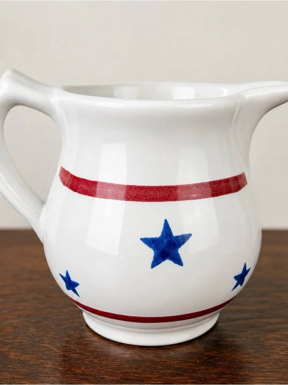 Vintage USA Pottery Patriotic Pitcher Red White Blue Stars Stoneware 6”